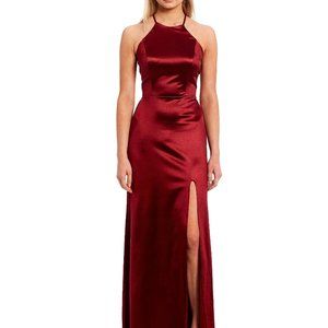 Blondie Nights  Juniors' Satin Tie Back High Neck Sheath Gown Wine Size 7